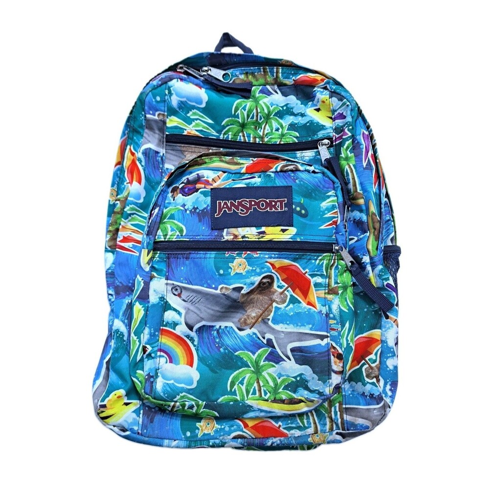 JanSport Backpack Blue Sloth Shark Rainbow Tropical Hawaiian School Beach Bag